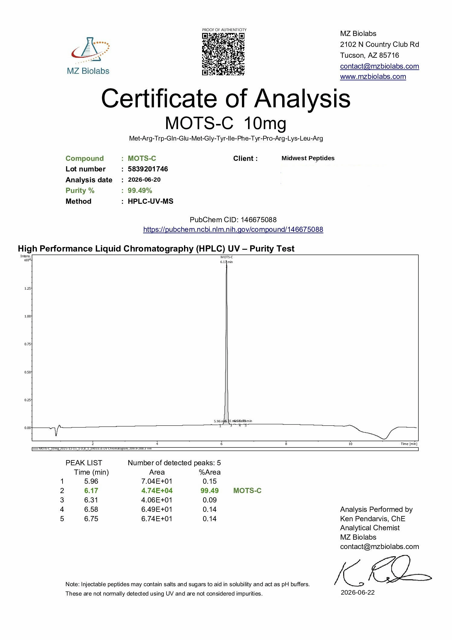 MOTS-C 10mg certificate of analysis